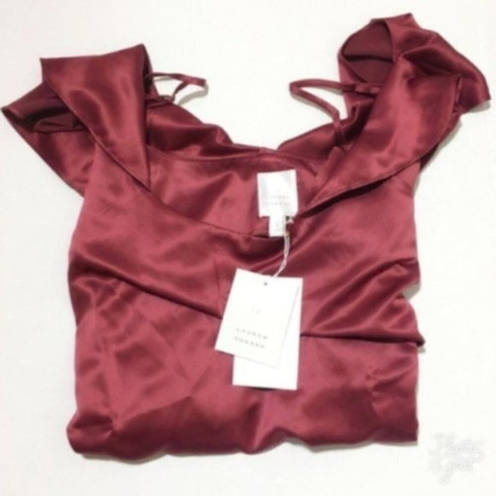 LC Lauren Conrad Womens Red Cold Shoulder Flutter Sleeve Silky Blouse Sz L New - Picture 5 of 9